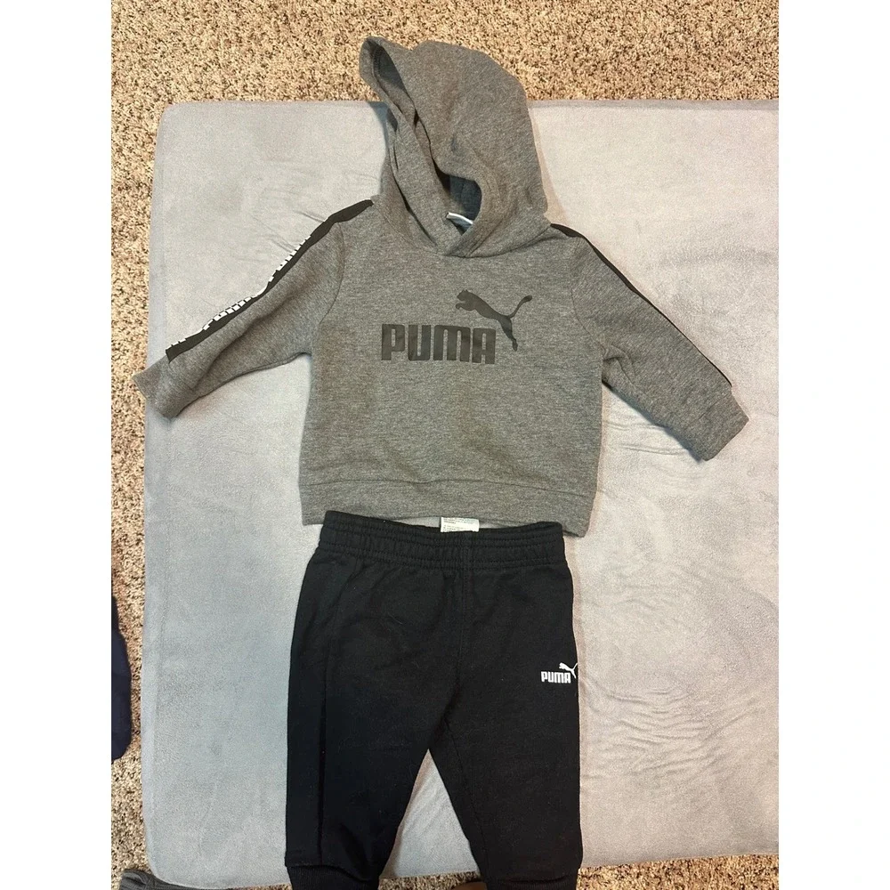 Puma Infant Tracksuit Set Hoodie & Pants Logo Gray Black 3-6M - Picture 3 of 8